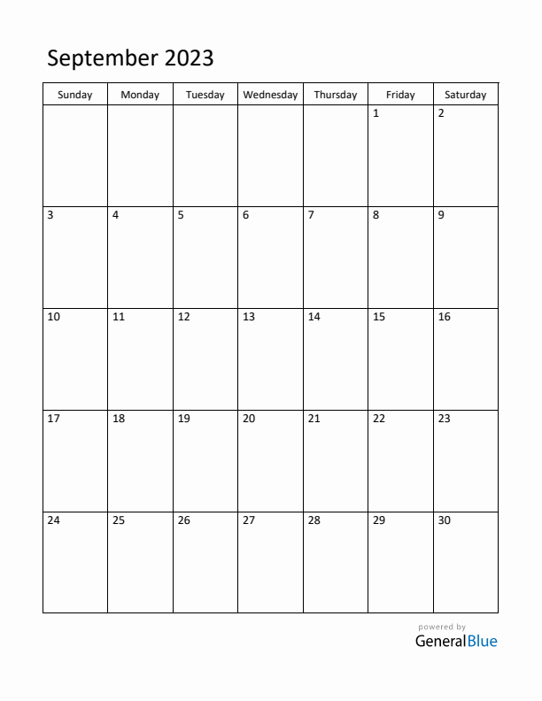 Sunday Start Calendar for September 2023