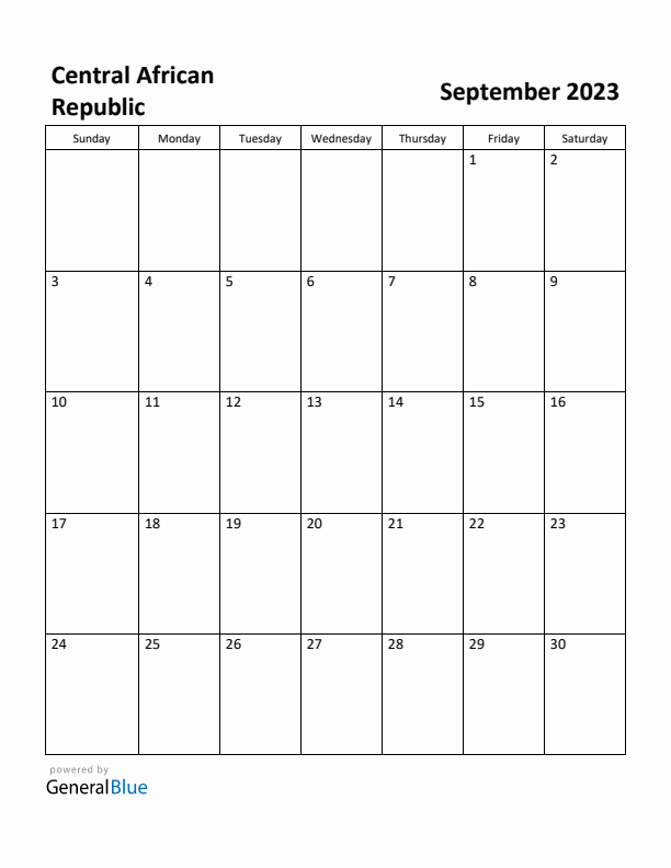 September 2023 Calendar with Central African Republic Holidays