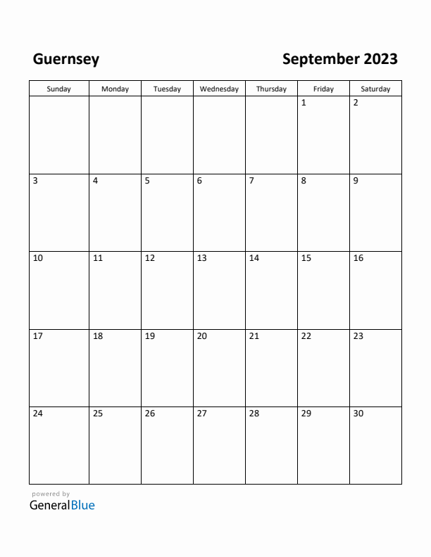 September 2023 Calendar with Guernsey Holidays