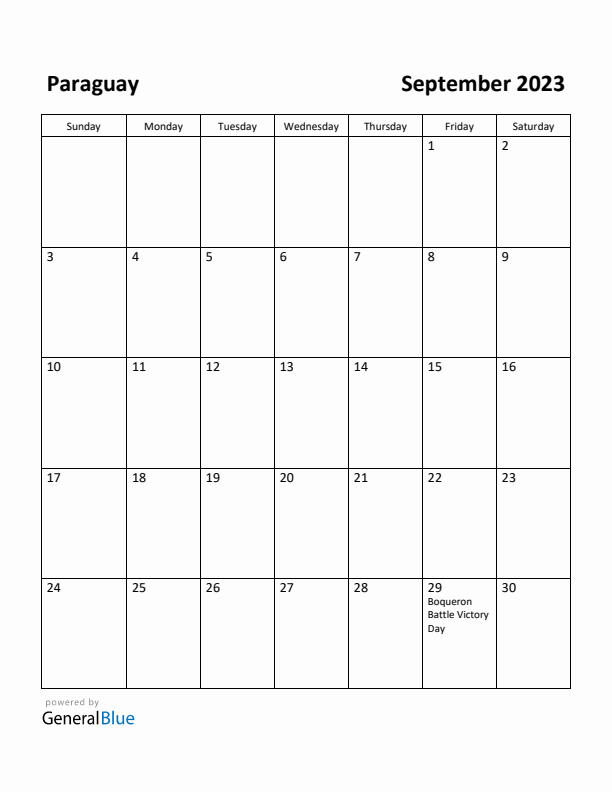 September 2023 Calendar with Paraguay Holidays