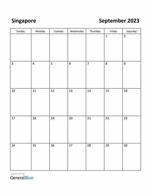 September 2023 Calendar with Singapore Holidays