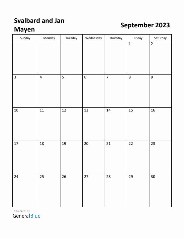 September 2023 Calendar with Svalbard and Jan Mayen Holidays