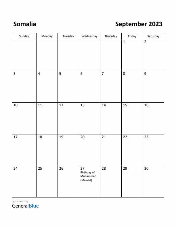 September 2023 Calendar with Somalia Holidays