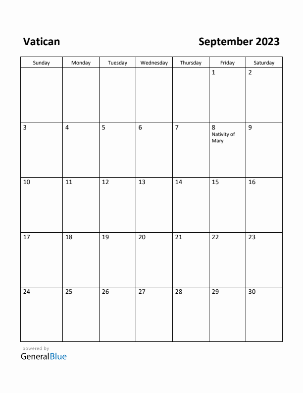 September 2023 Calendar with Vatican Holidays