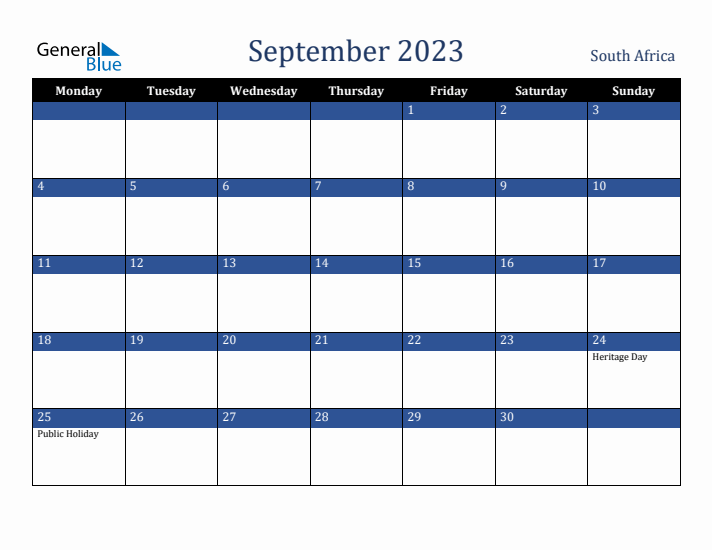 September 2023 South Africa Calendar (Monday Start)