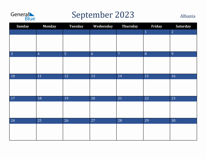 September 2023 Albania Calendar (Sunday Start)