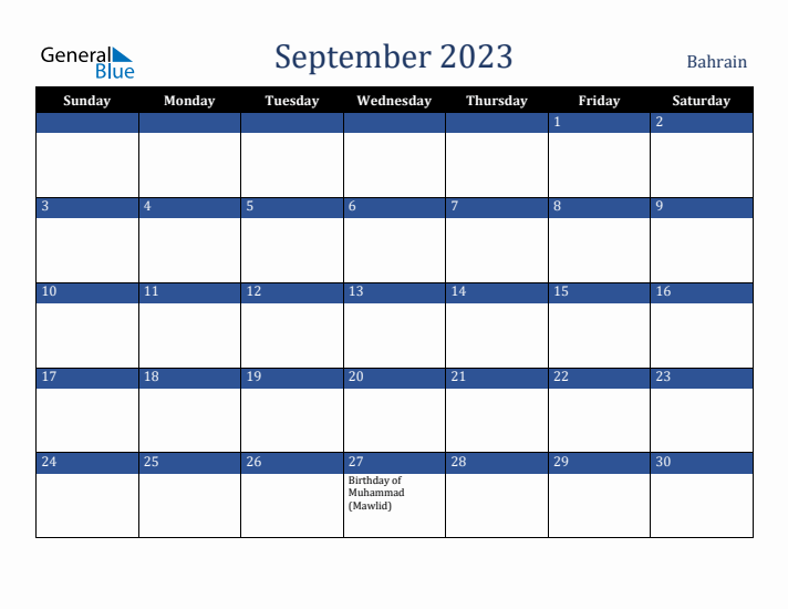 September 2023 Bahrain Calendar (Sunday Start)