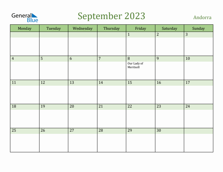 September 2023 Calendar with Andorra Holidays