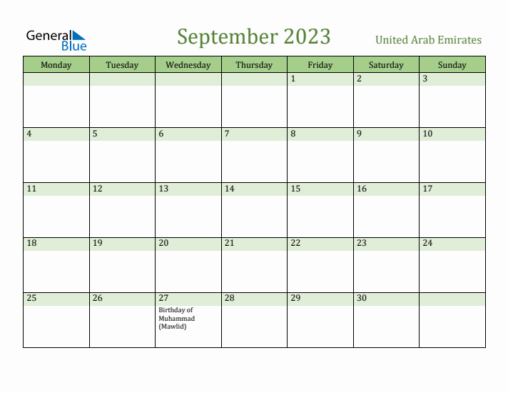 September 2023 Calendar with United Arab Emirates Holidays