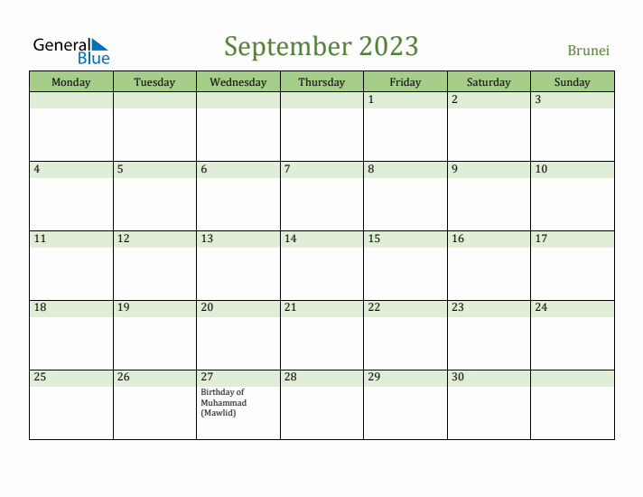 September 2023 Calendar with Brunei Holidays