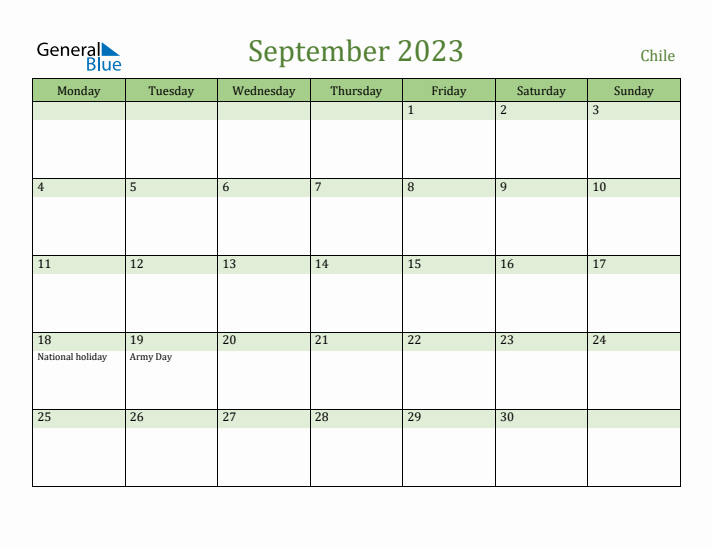 September 2023 Calendar with Chile Holidays