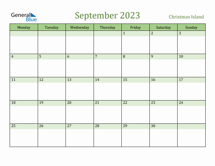 September 2023 Calendar with Christmas Island Holidays