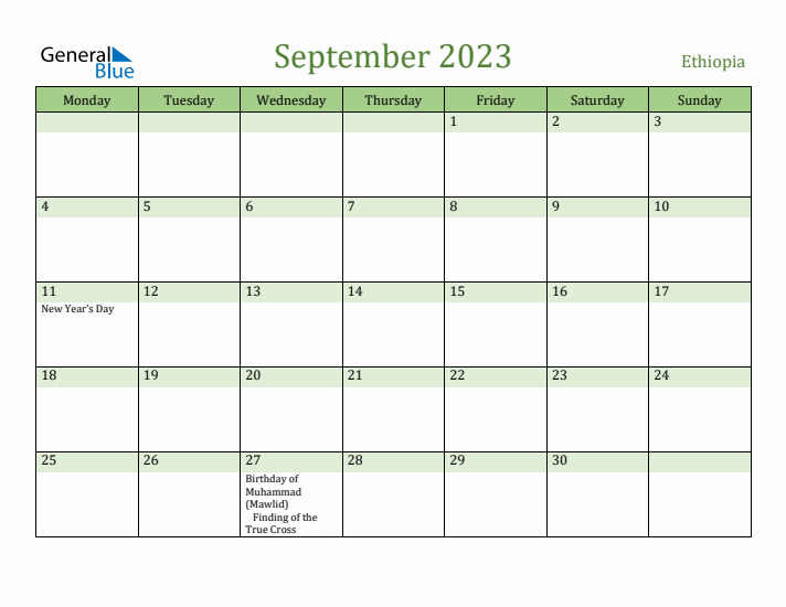 September 2023 Calendar with Ethiopia Holidays