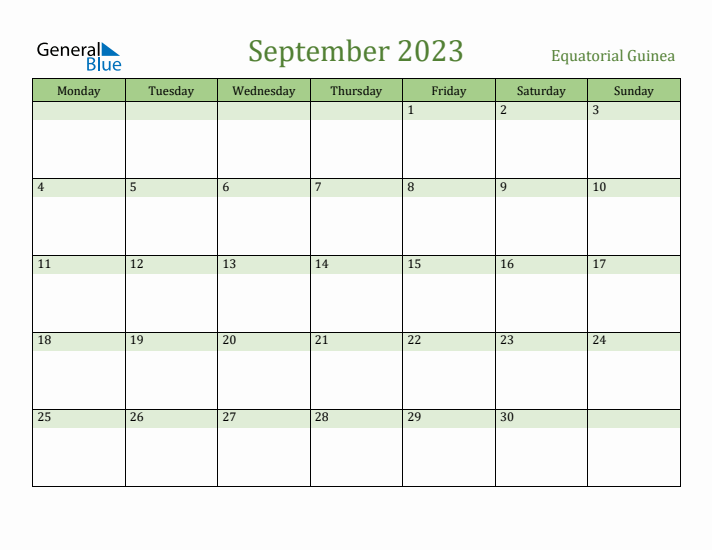 September 2023 Calendar with Equatorial Guinea Holidays