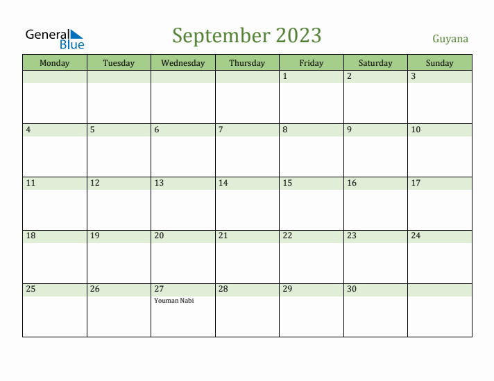 September 2023 Calendar with Guyana Holidays