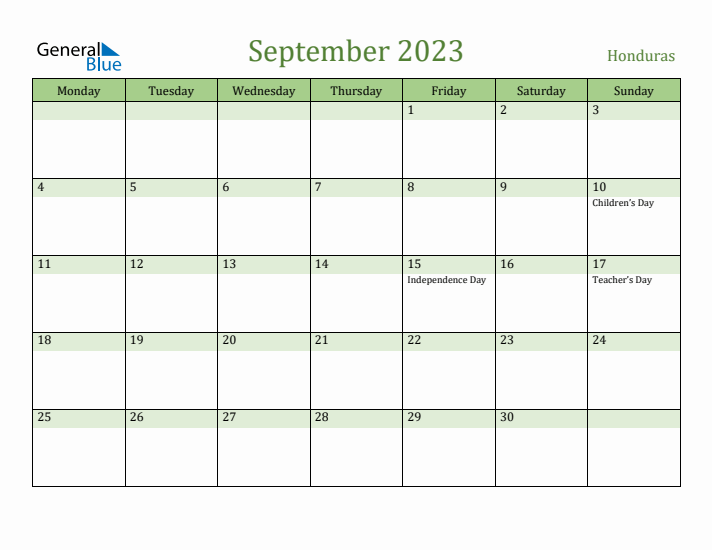 September 2023 Calendar with Honduras Holidays