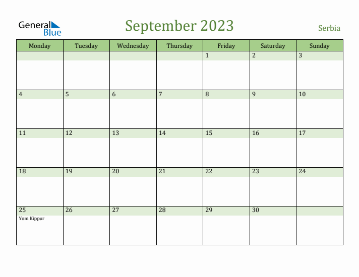 September 2023 Calendar with Serbia Holidays