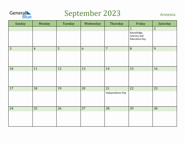 September 2023 Calendar with Armenia Holidays