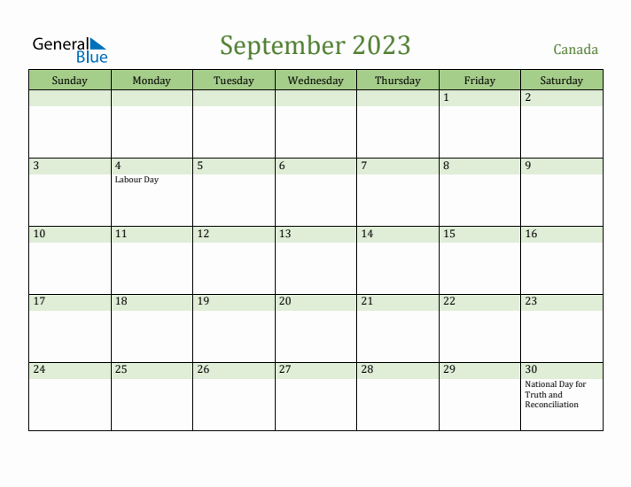 September 2023 Calendar with Canada Holidays