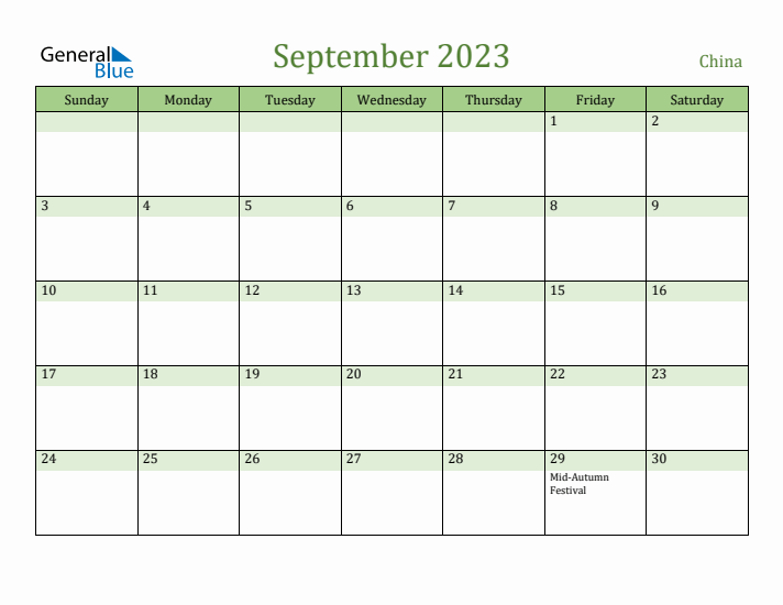 September 2023 Calendar with China Holidays