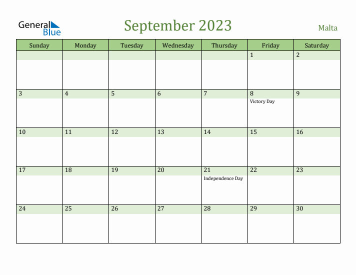 September 2023 Calendar with Malta Holidays