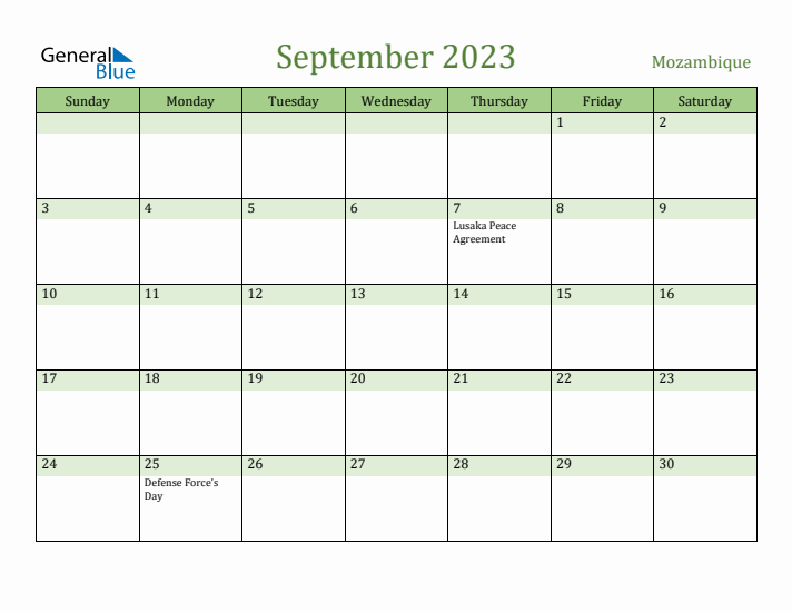 September 2023 Calendar with Mozambique Holidays