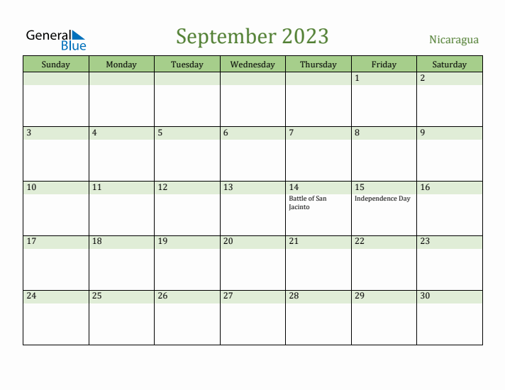 September 2023 Calendar with Nicaragua Holidays