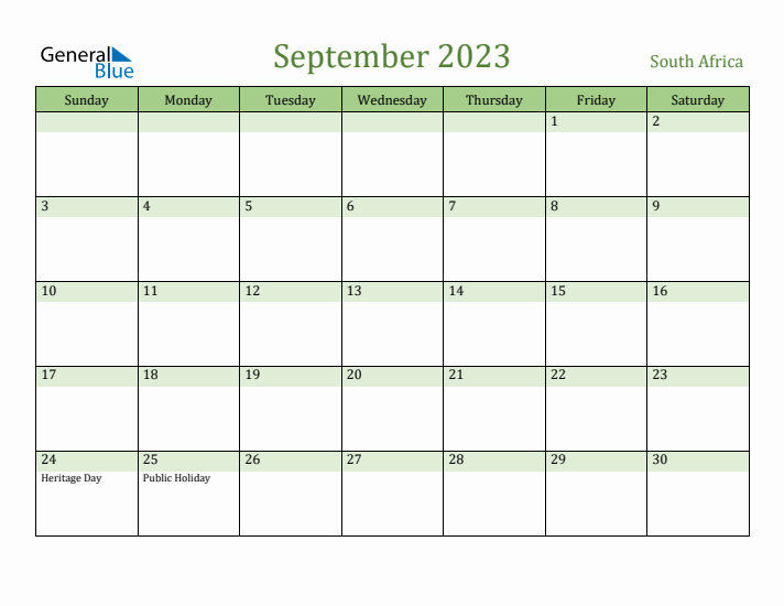 September 2023 Calendar with South Africa Holidays