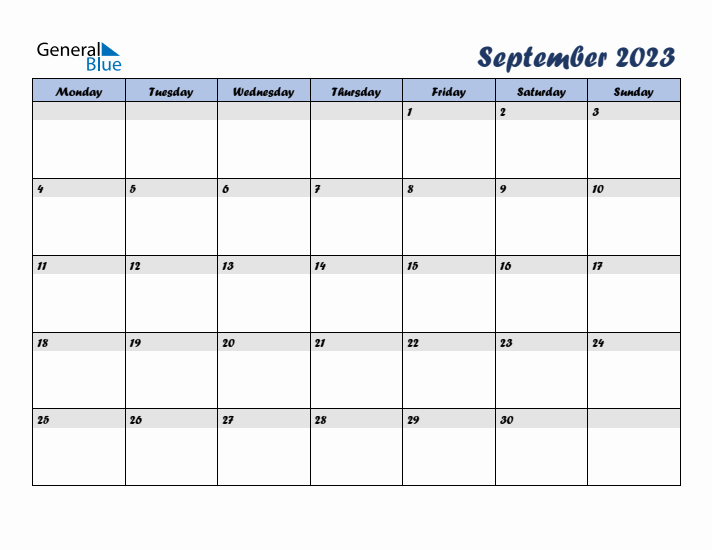 September 2023 Blue Calendar (Monday Start)