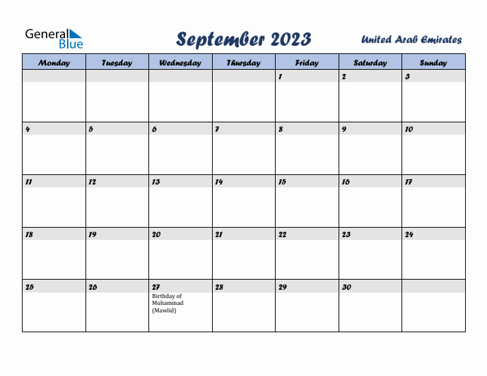 September 2023 Calendar with Holidays in United Arab Emirates