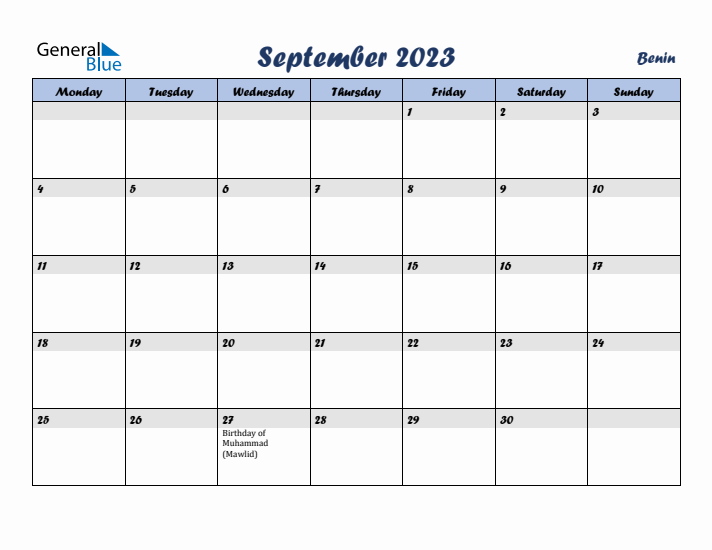 September 2023 Calendar with Holidays in Benin