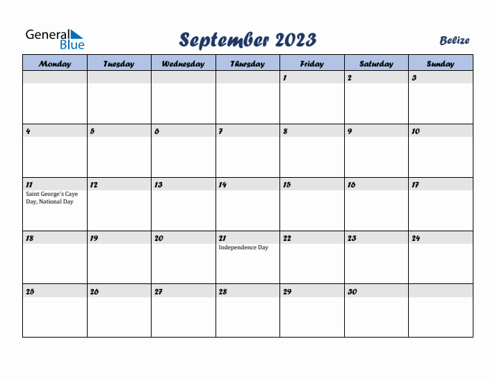 September 2023 Calendar with Holidays in Belize