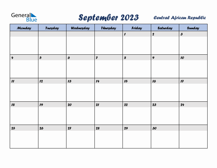 September 2023 Calendar with Holidays in Central African Republic