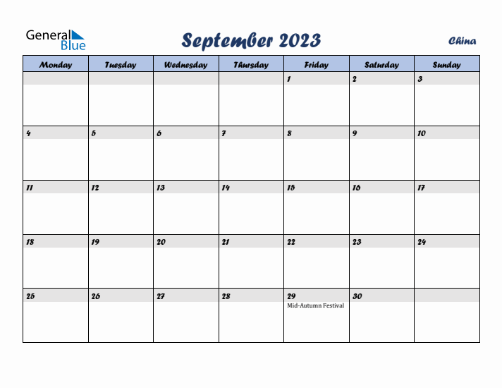 September 2023 Calendar with Holidays in China