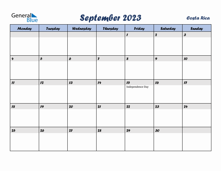 September 2023 Calendar with Holidays in Costa Rica