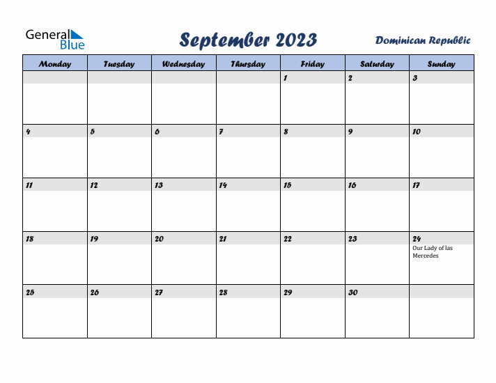 September 2023 Calendar with Holidays in Dominican Republic