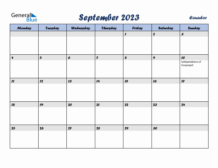 September 2023 Calendar with Holidays in Ecuador