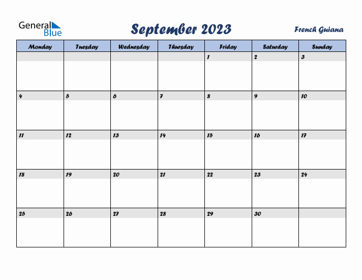 September 2023 Calendar with Holidays in French Guiana