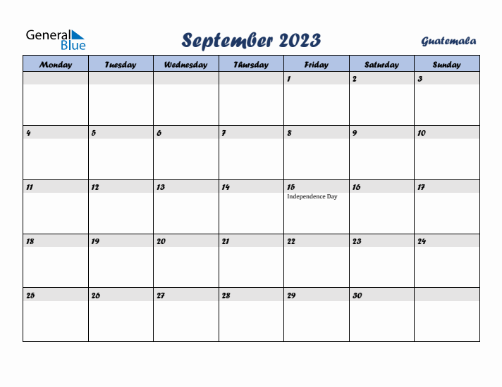 September 2023 Calendar with Holidays in Guatemala