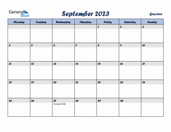 September 2023 Calendar with Holidays in Guyana