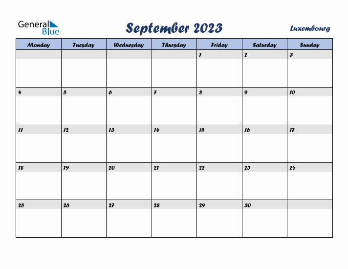 September 2023 Calendar with Holidays in Luxembourg