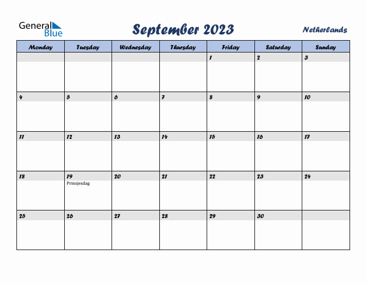 September 2023 Calendar with Holidays in The Netherlands