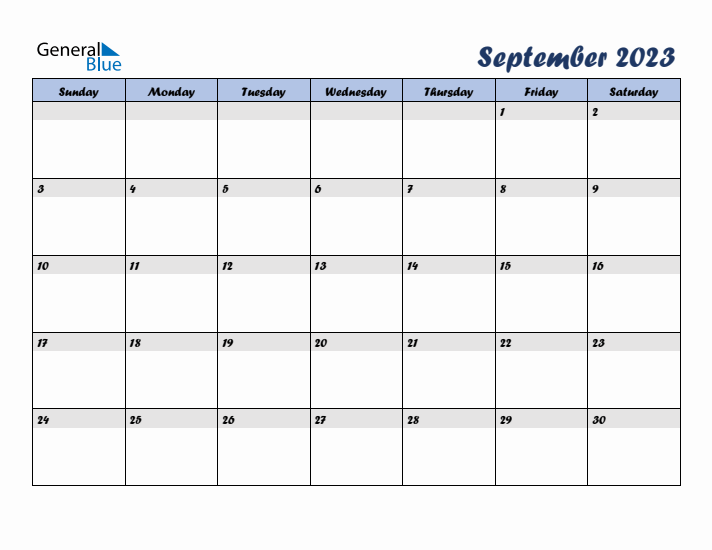 September 2023 Blue Calendar (Sunday Start)