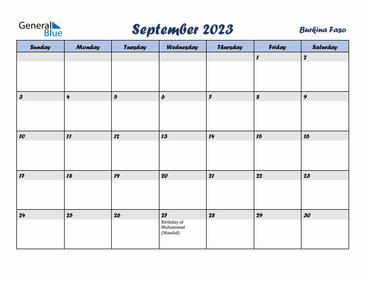 September 2023 Calendar with Holidays in Burkina Faso