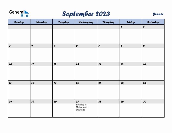 September 2023 Calendar with Holidays in Brunei