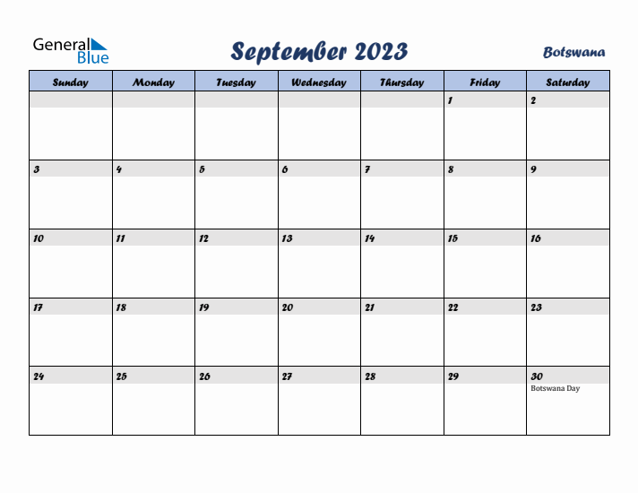 September 2023 Calendar with Holidays in Botswana