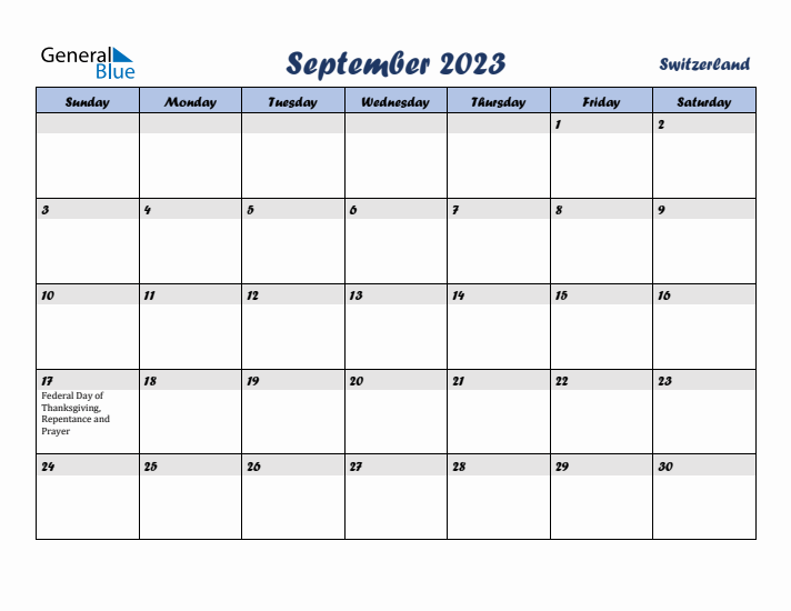 September 2023 Calendar with Holidays in Switzerland