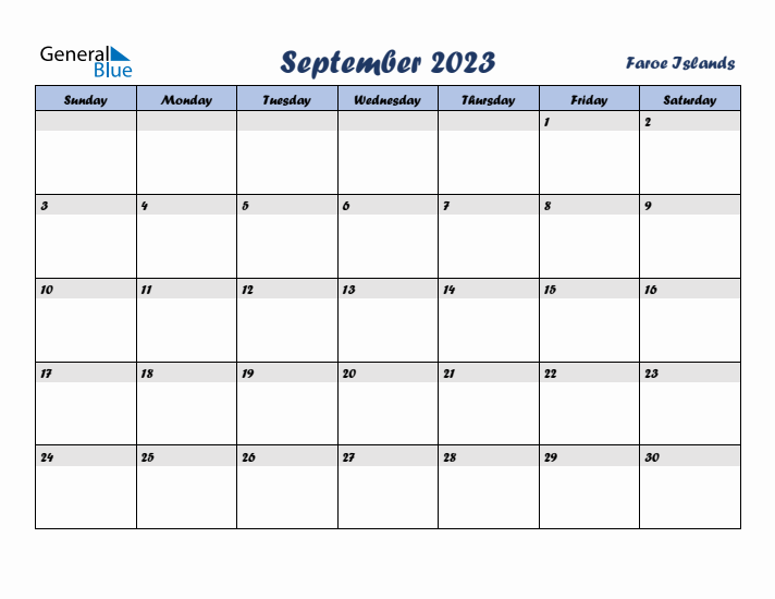 September 2023 Calendar with Holidays in Faroe Islands