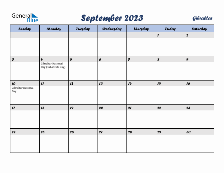 September 2023 Calendar with Holidays in Gibraltar