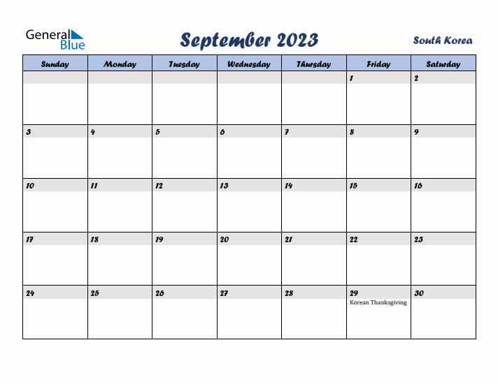 September 2023 Calendar with Holidays in South Korea